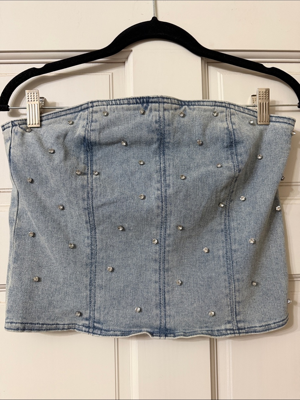 Rhinestone-Embellished Light Wash Denim Bustier